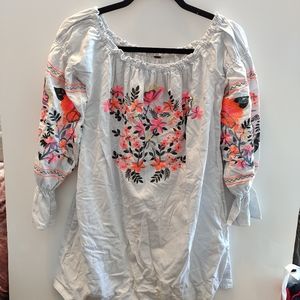 Womens Free people Fleur Du Jour Neon embroidered White Long Sleeve dress